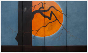 Realistic oil painting as a four-fold screen of an orange full moon rising behind a leafless tree with a small owl perched on a branch