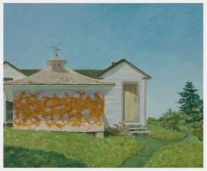Realistic oil painting of a sunlit pumphouse with lichen on its walls, next to a tool shed with stacked wood, set in a Maine landscape